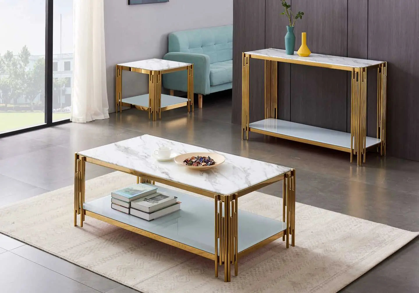 Bout de canapé doré marbre blanc ÈVE - DEKOFLIX