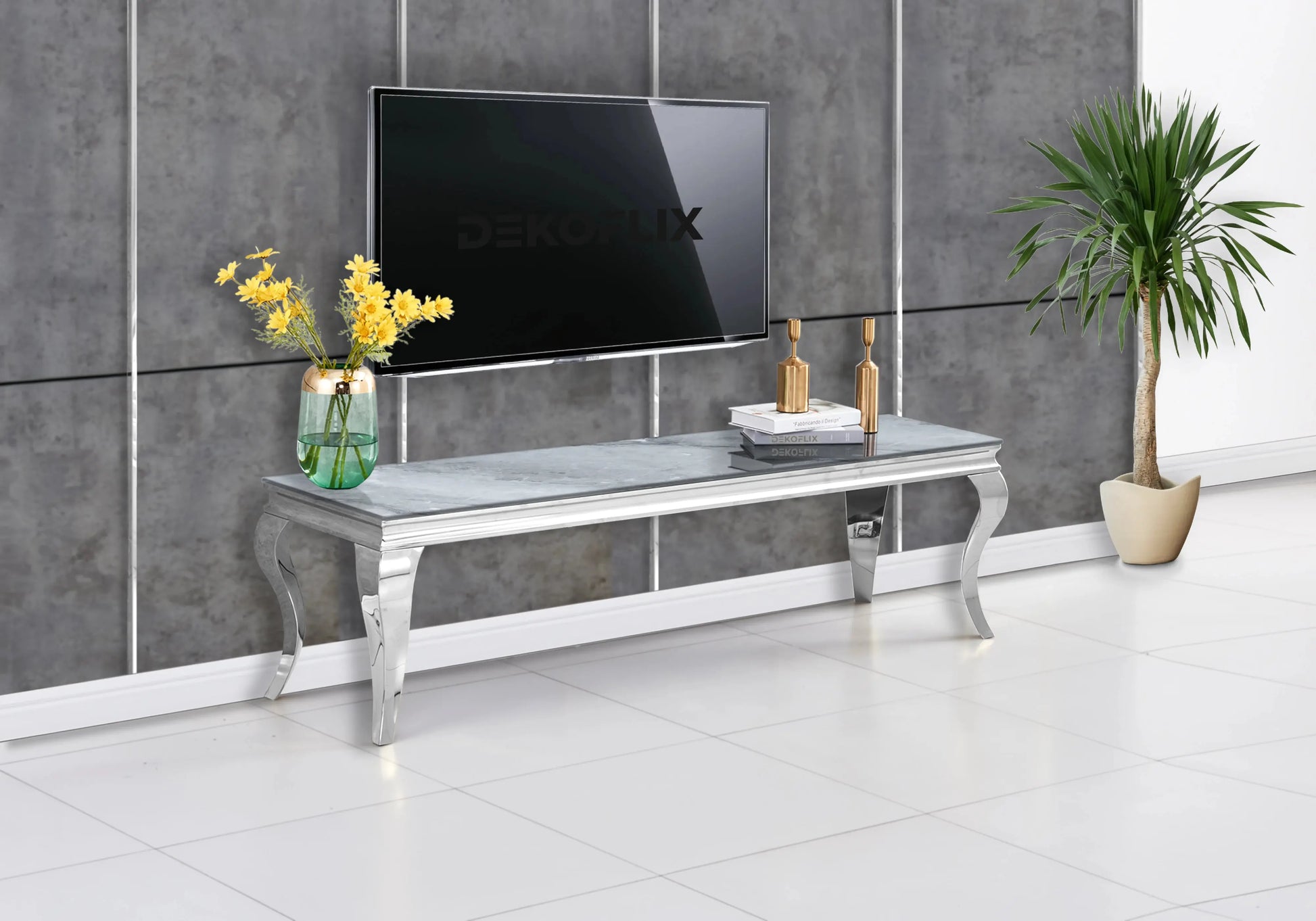 Bout de canapé marbre gris pied argent - NEO New Design