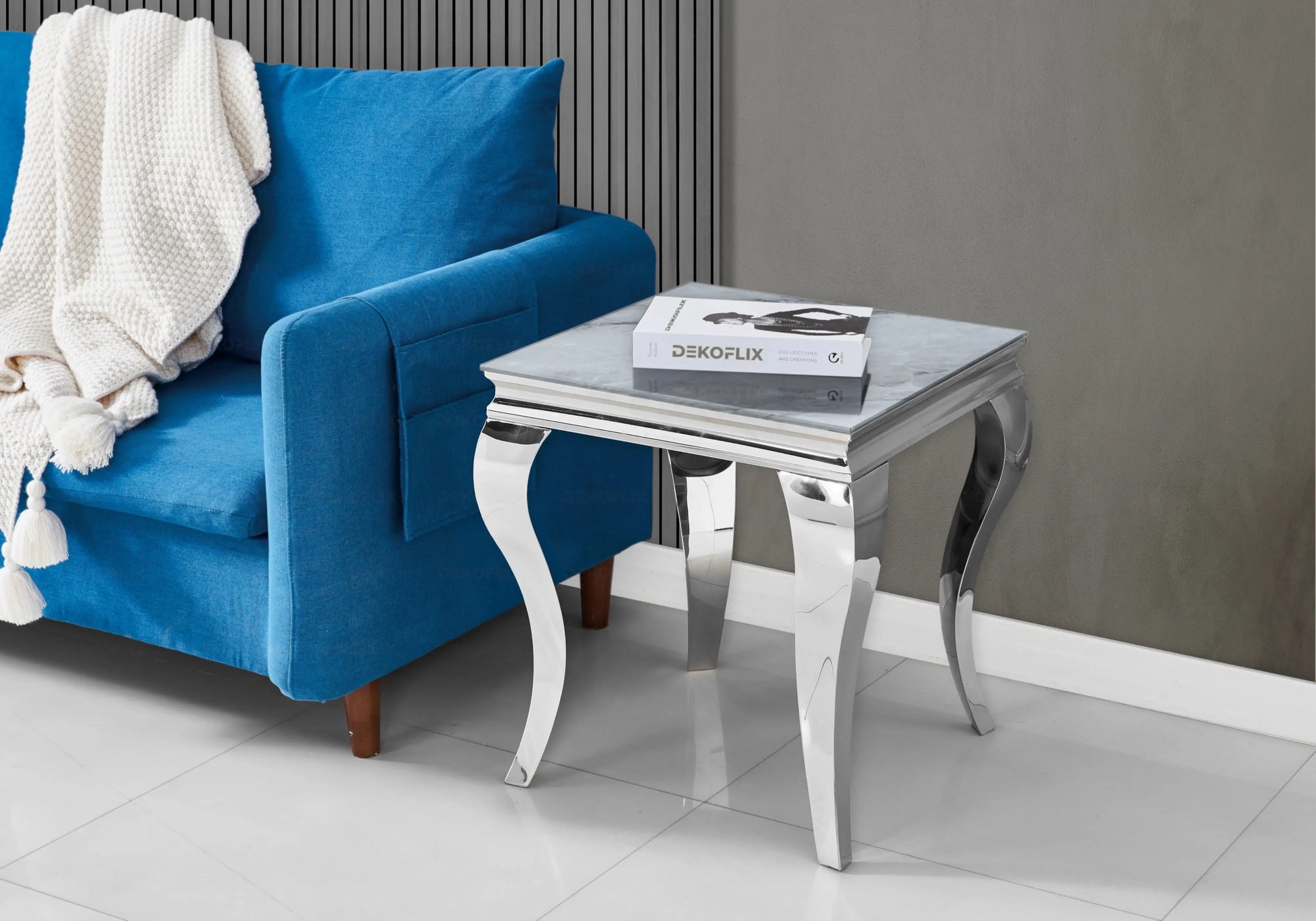 Bout de canapé marbre gris pied argent - NEO New Design