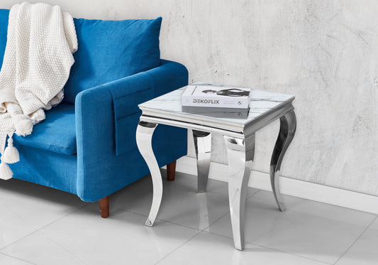 Bout de canapé design marbre blanc argent - Neo