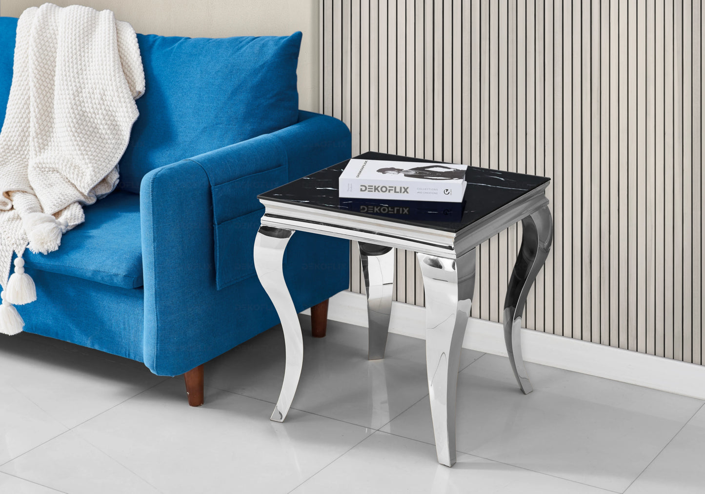 Table marbre noir et chaises velours noir argent - NEO