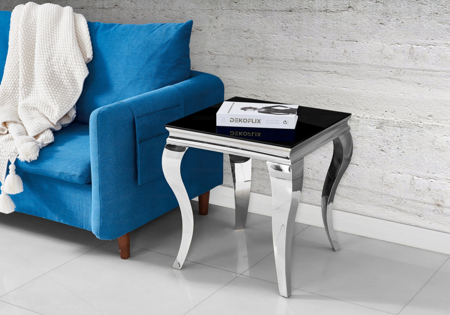 Salle à manger verre noir chaises simili-cuir blanc argent – NEO