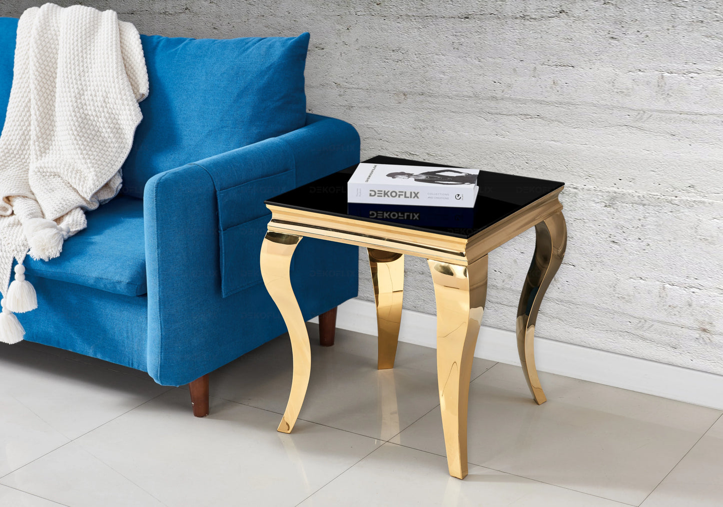Table verre noir et chaises simili-cuir blanc doré – NEO