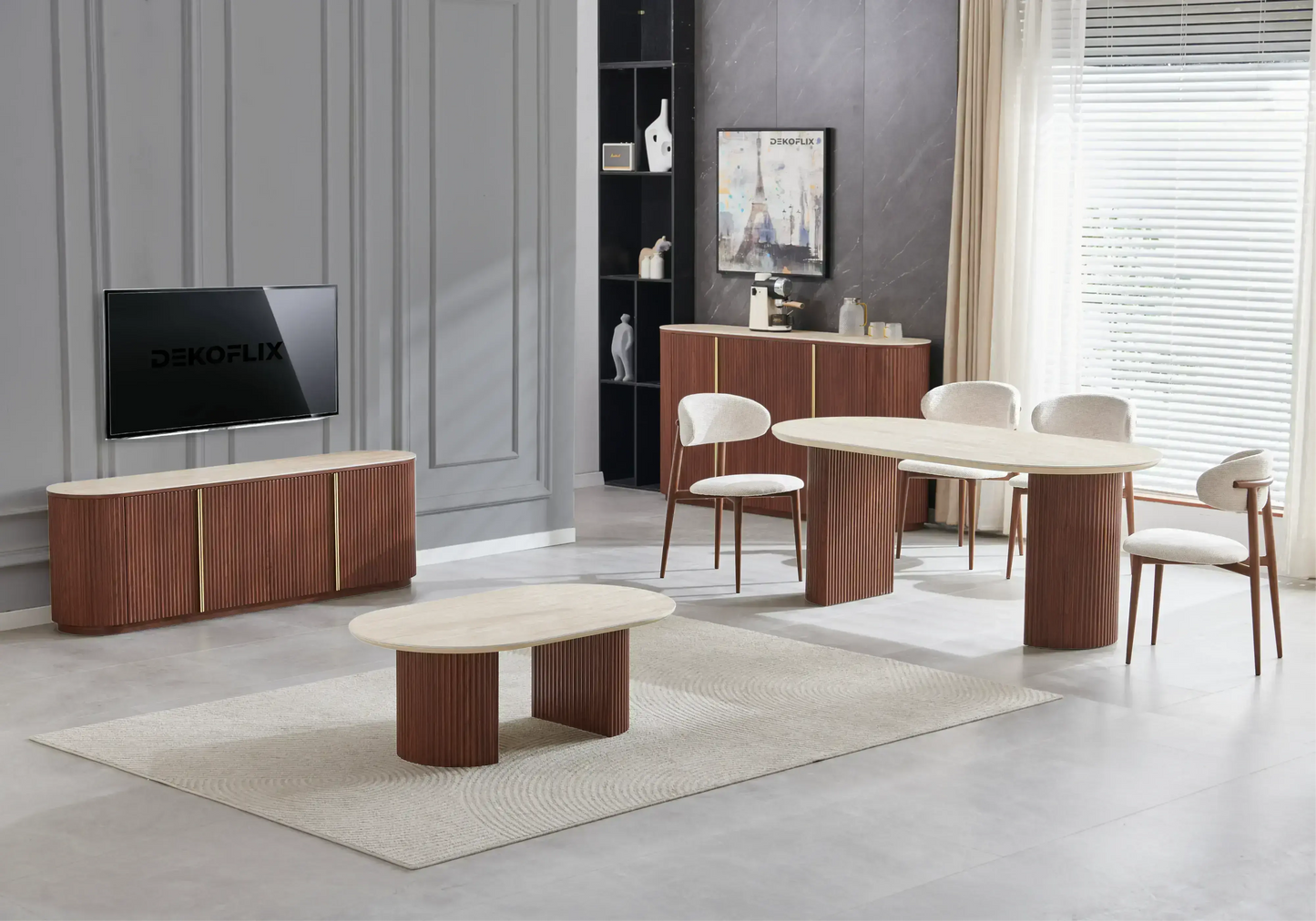 Table ovale travertin et chaises bois beige - TERRA Galerie du Mobilier