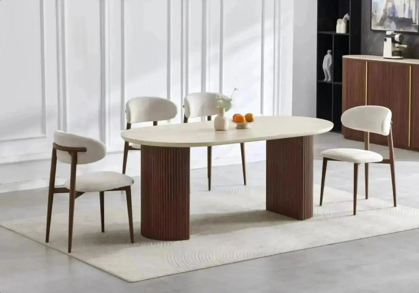 Table ovale travertin et chaises bois beige - TERRA Galerie du Mobilier