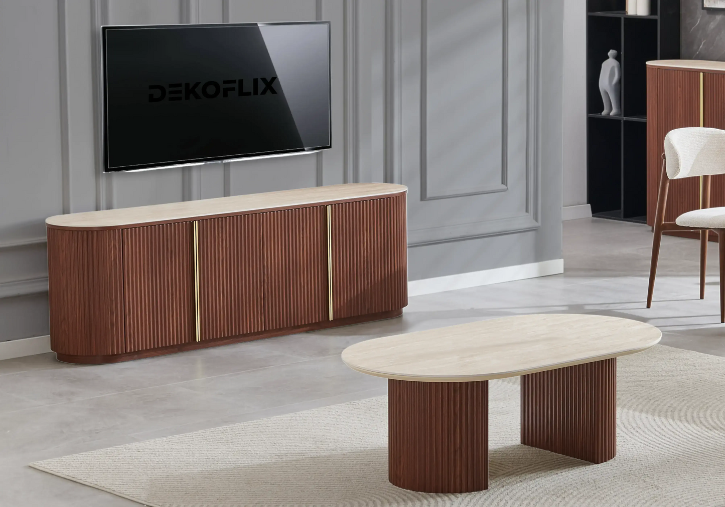 Table basse ovale travertin bois noyer – TERRA Galerie du Mobilier