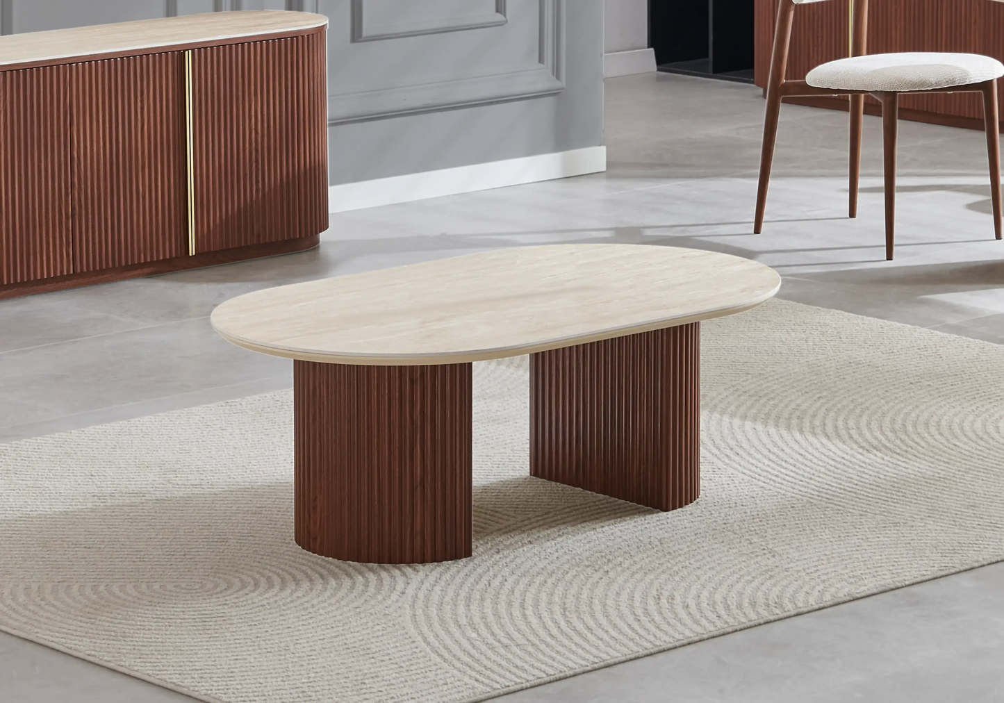 Table à manger ovale travertin bois noyer – TERRA Galerie du Mobilier