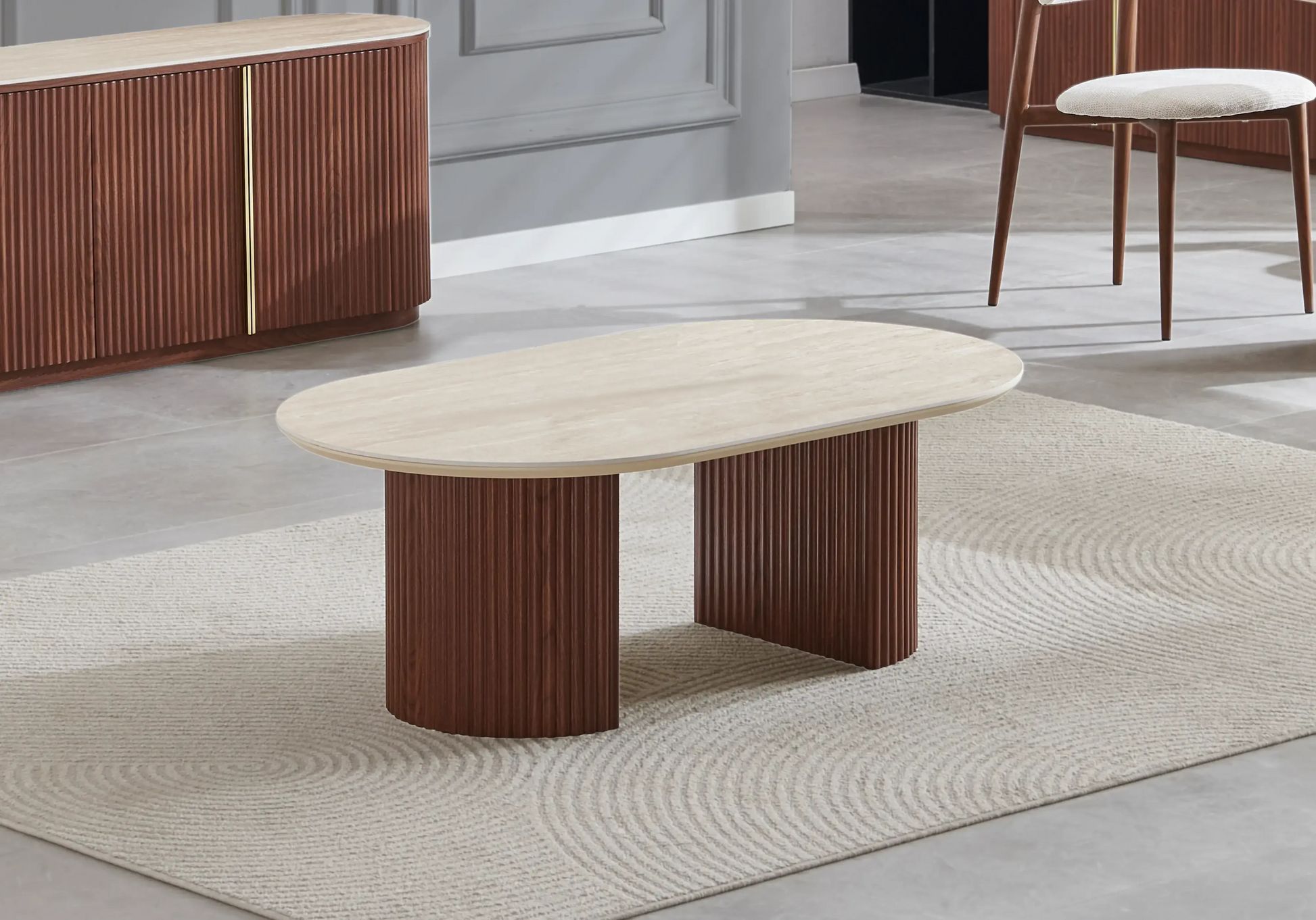 Table à manger ovale travertin bois noyer – TERRA Galerie du Mobilier