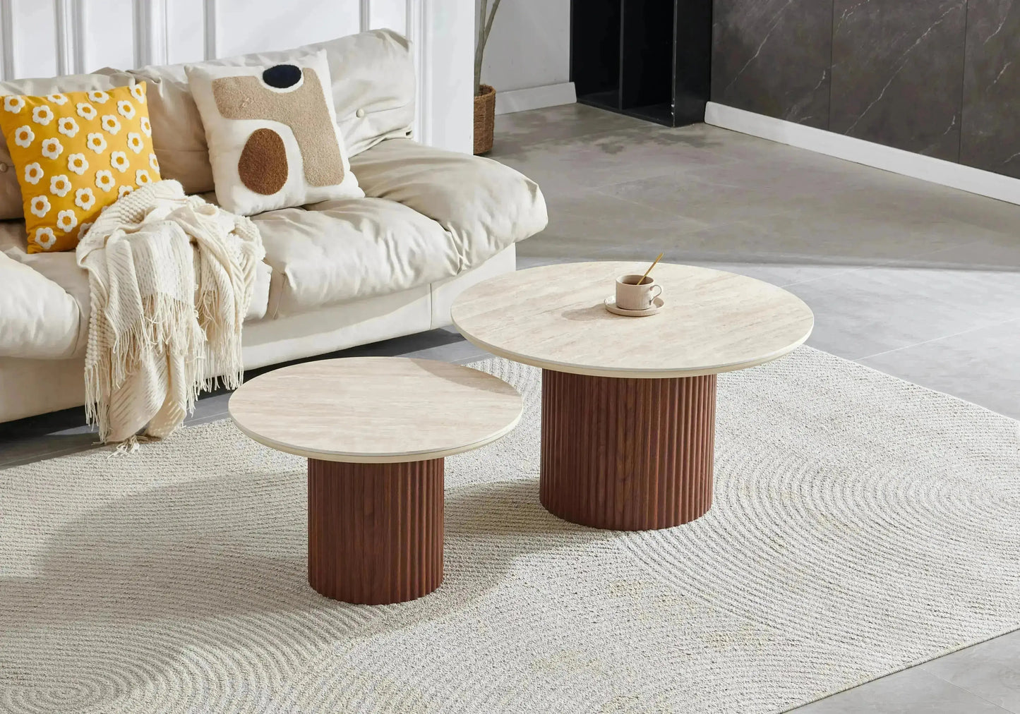 Table ovale travertin et chaises bois beige - TERRA Galerie du Mobilier