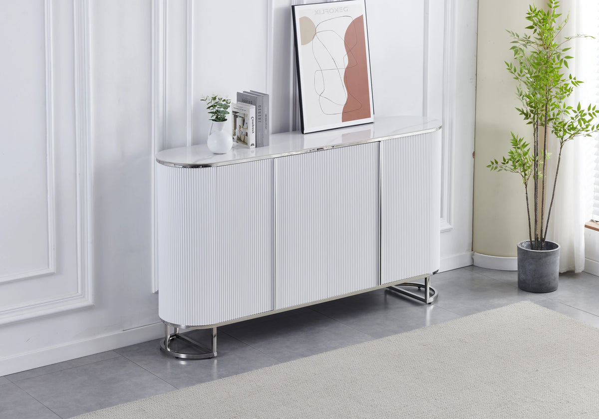 Buffet ovale cannelé marbre blanc chromé - Nalia