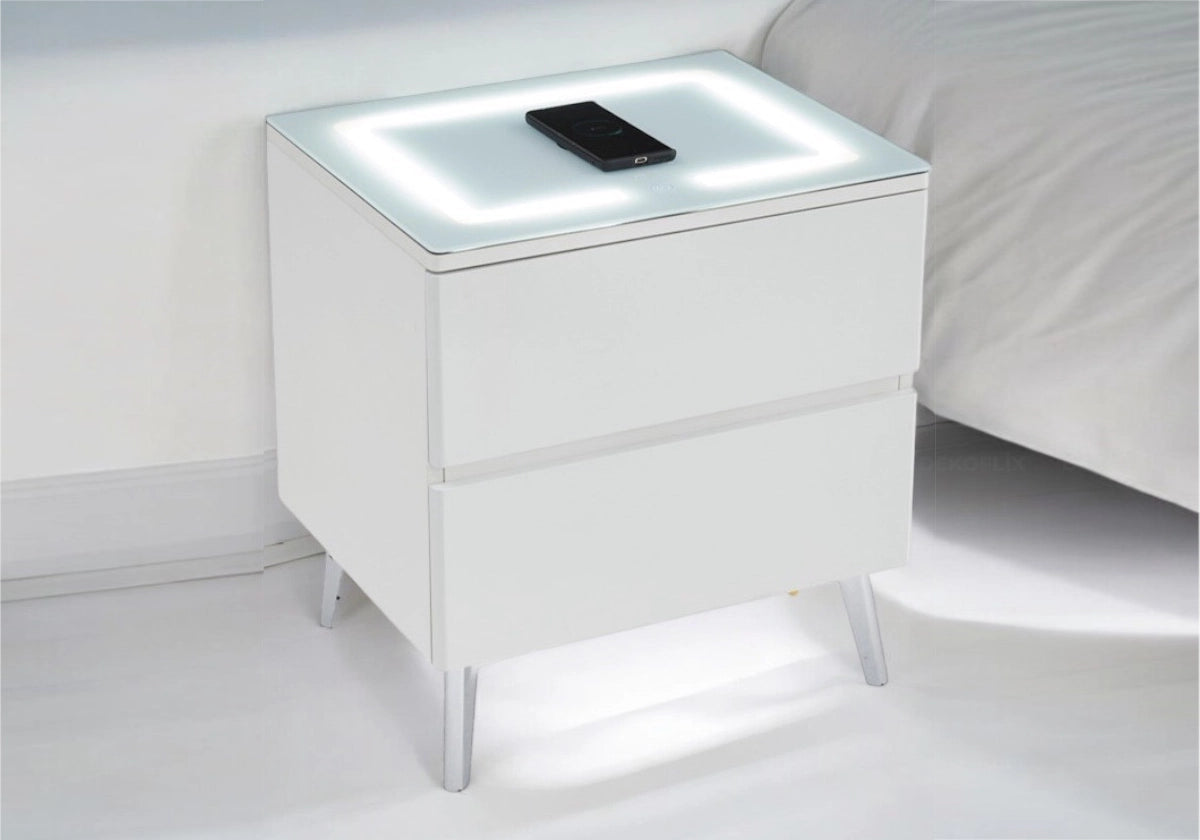 Table chevet led chargeur blanc argent LENI