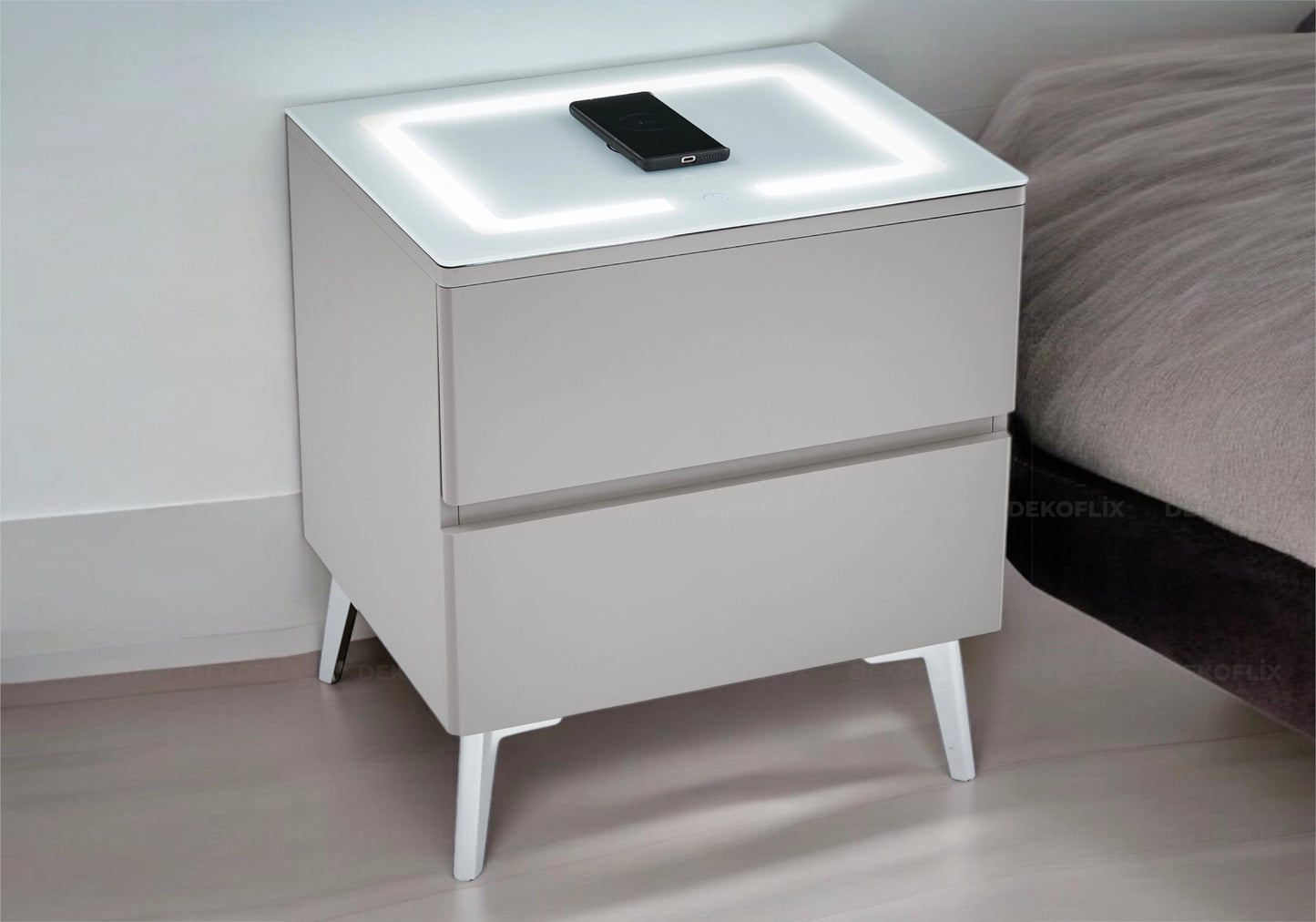 Table chevet led chargeur gris argent LENI - DEKOFLIX