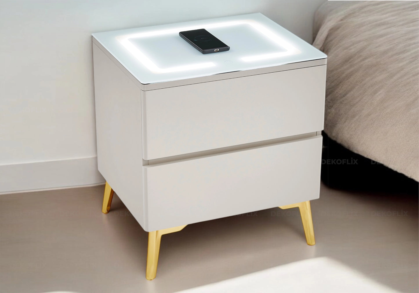 Table chevet led chargeur taupe doré LENI
