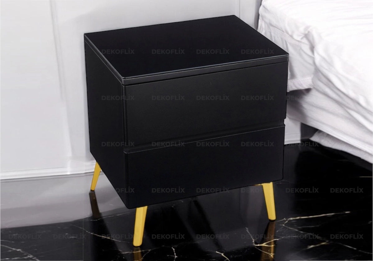 Table chevet bois mat noir pied doré LENI