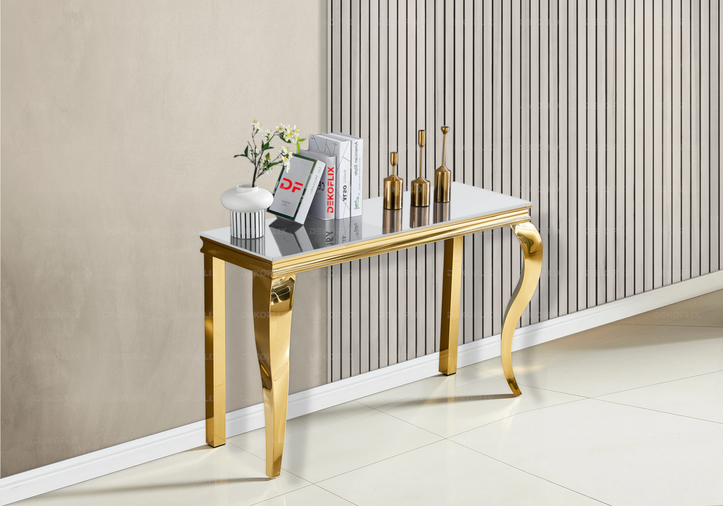 Console design verre blanc pied doré – NEO