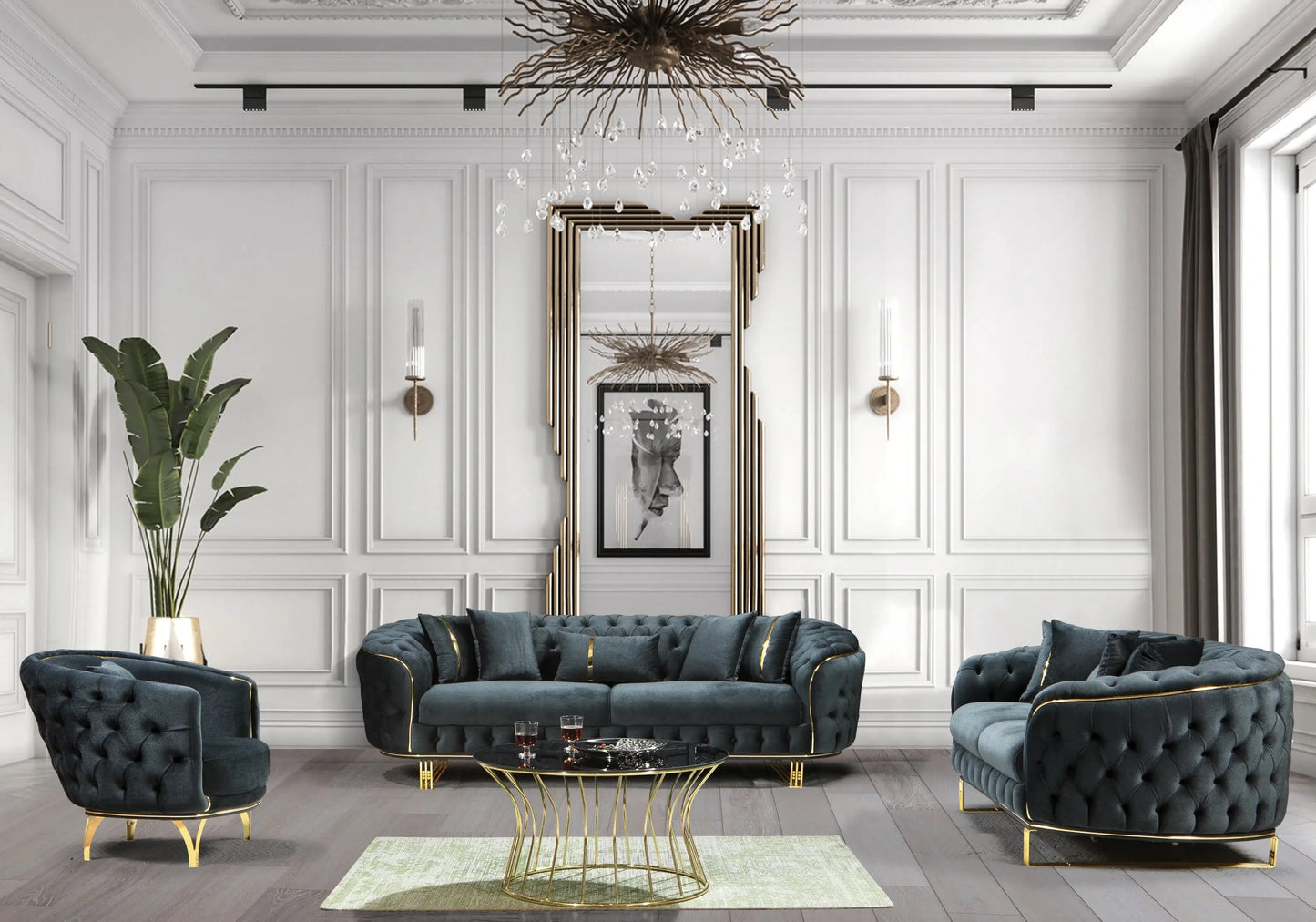 Canapé Turc Capitonné Velours Anthracite Doré Chesterfield – PARIS (Copie) DEKOFLIX