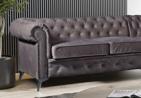 Canapé angle chesterfield velours anthracite HUGO - DEKOFLIX