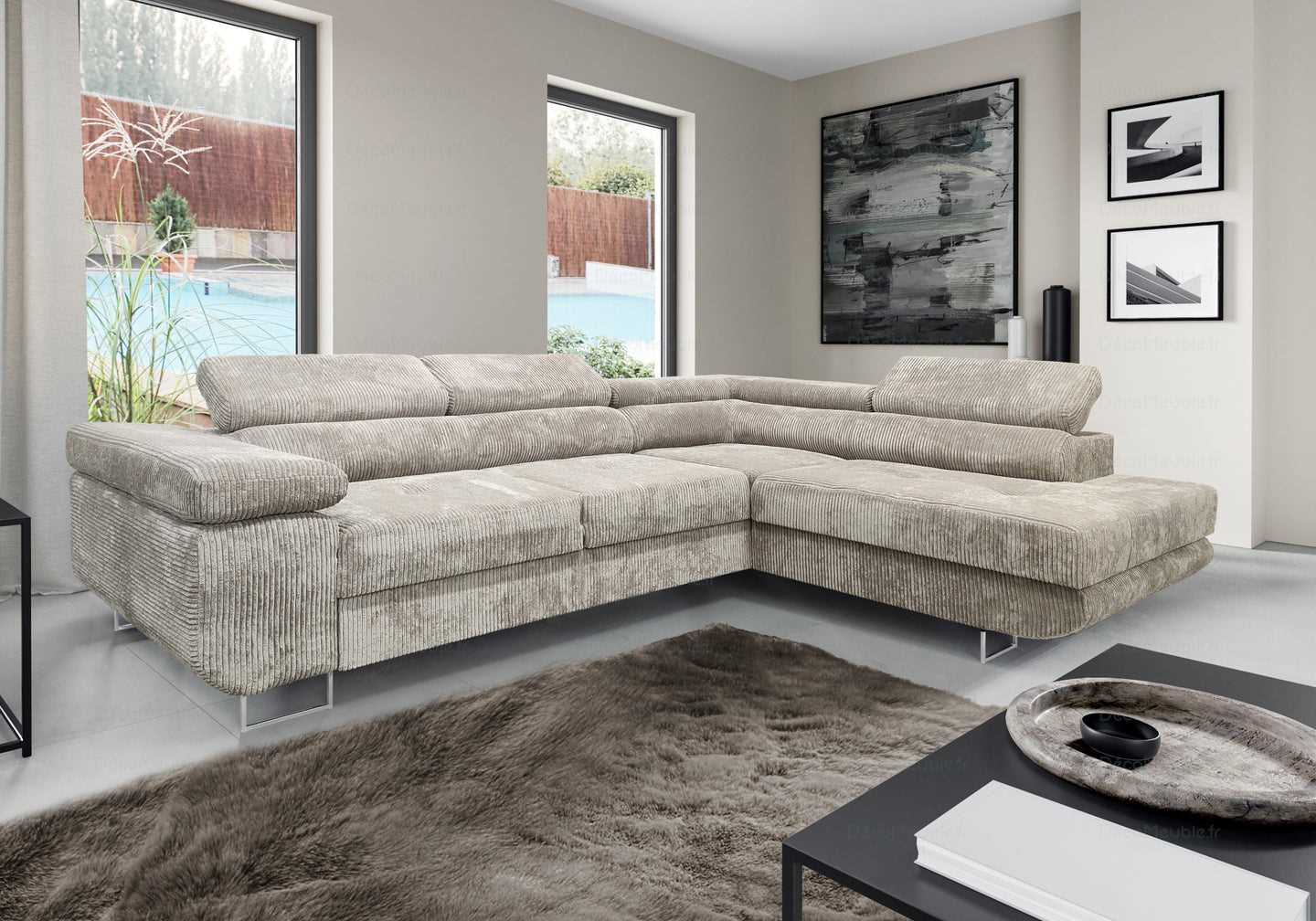Canapé angle velours côtelé beige TEVA - DEKOFLIX