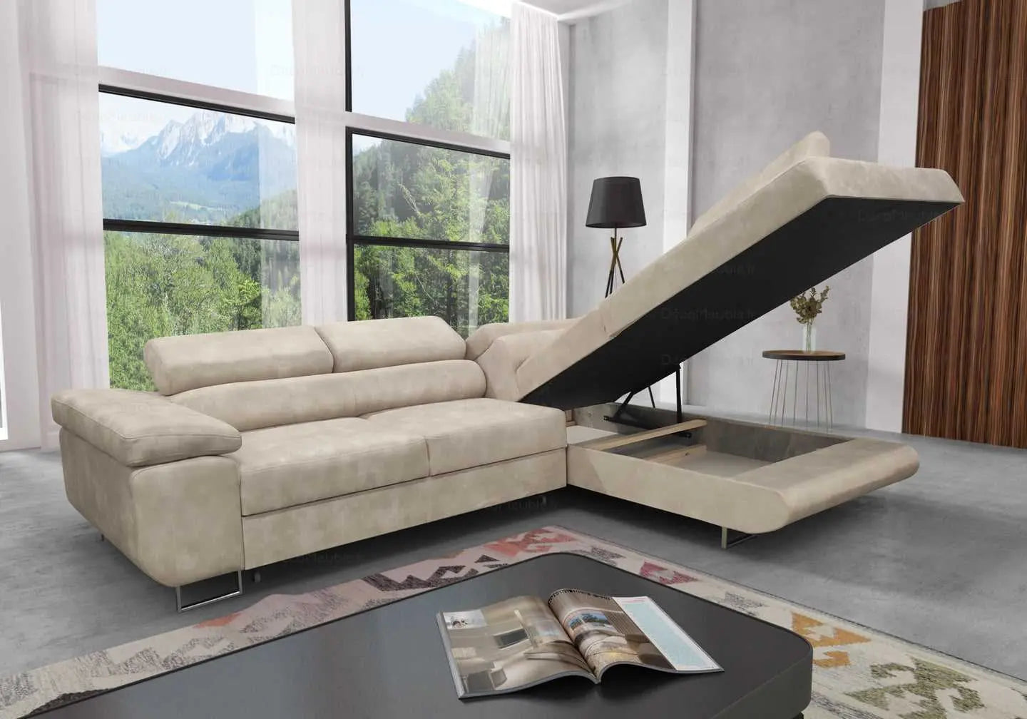 Canapé angle velours côtelé beige TEVA - DEKOFLIX