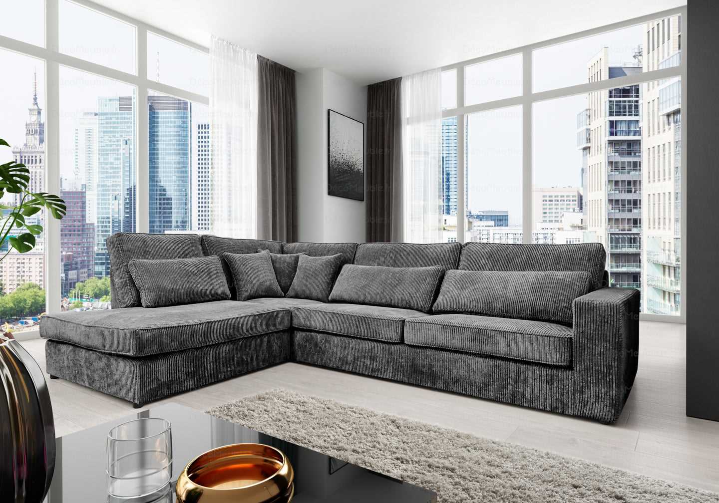 Canapé angle velours côtelé gris LÉA - DEKOFLIX