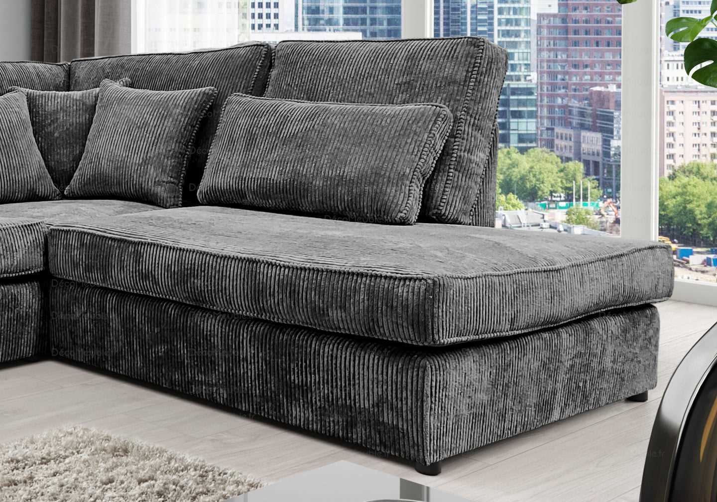 Canapé angle velours côtelé gris LÉA - DEKOFLIX