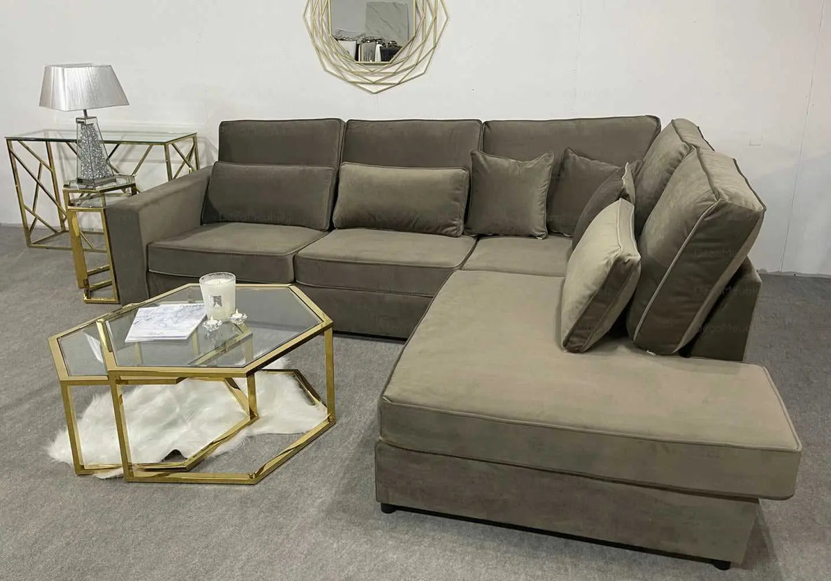 Canapé angle velours taupe vintage LÉA - DEKOFLIX