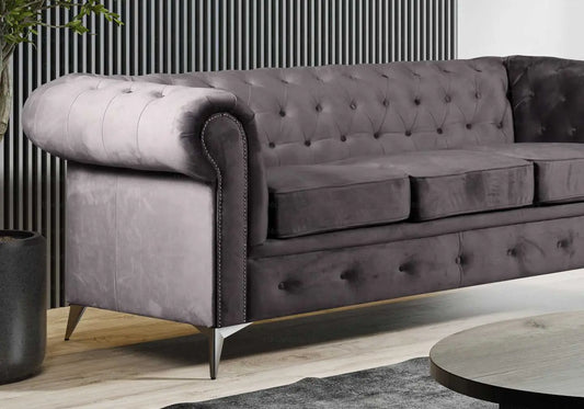 Canapé chesterfield velours anthracite HUGO - DEKOFLIX