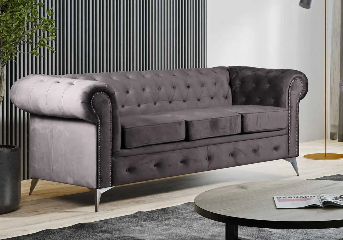 Canapé chesterfield velours anthracite HUGO - DEKOFLIX
