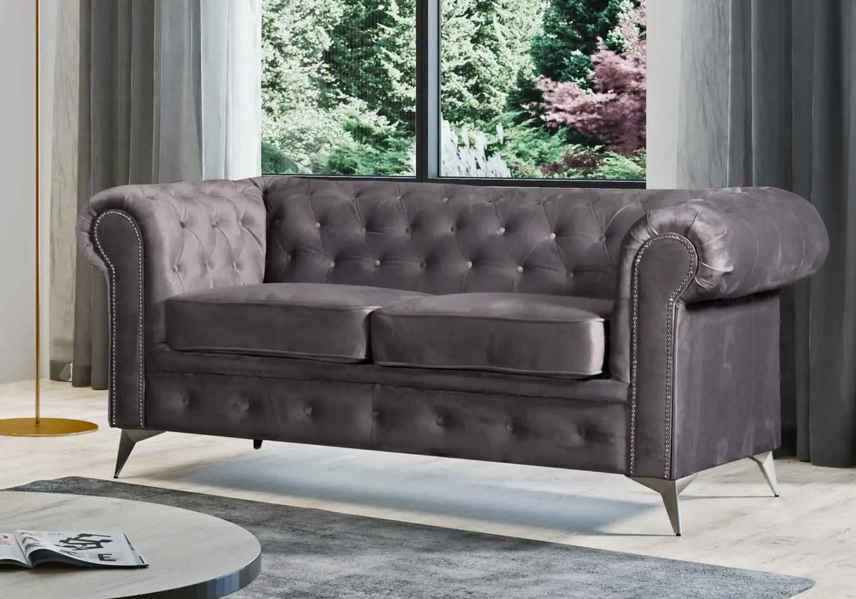 Canapé chesterfield velours anthracite HUGO - DEKOFLIX