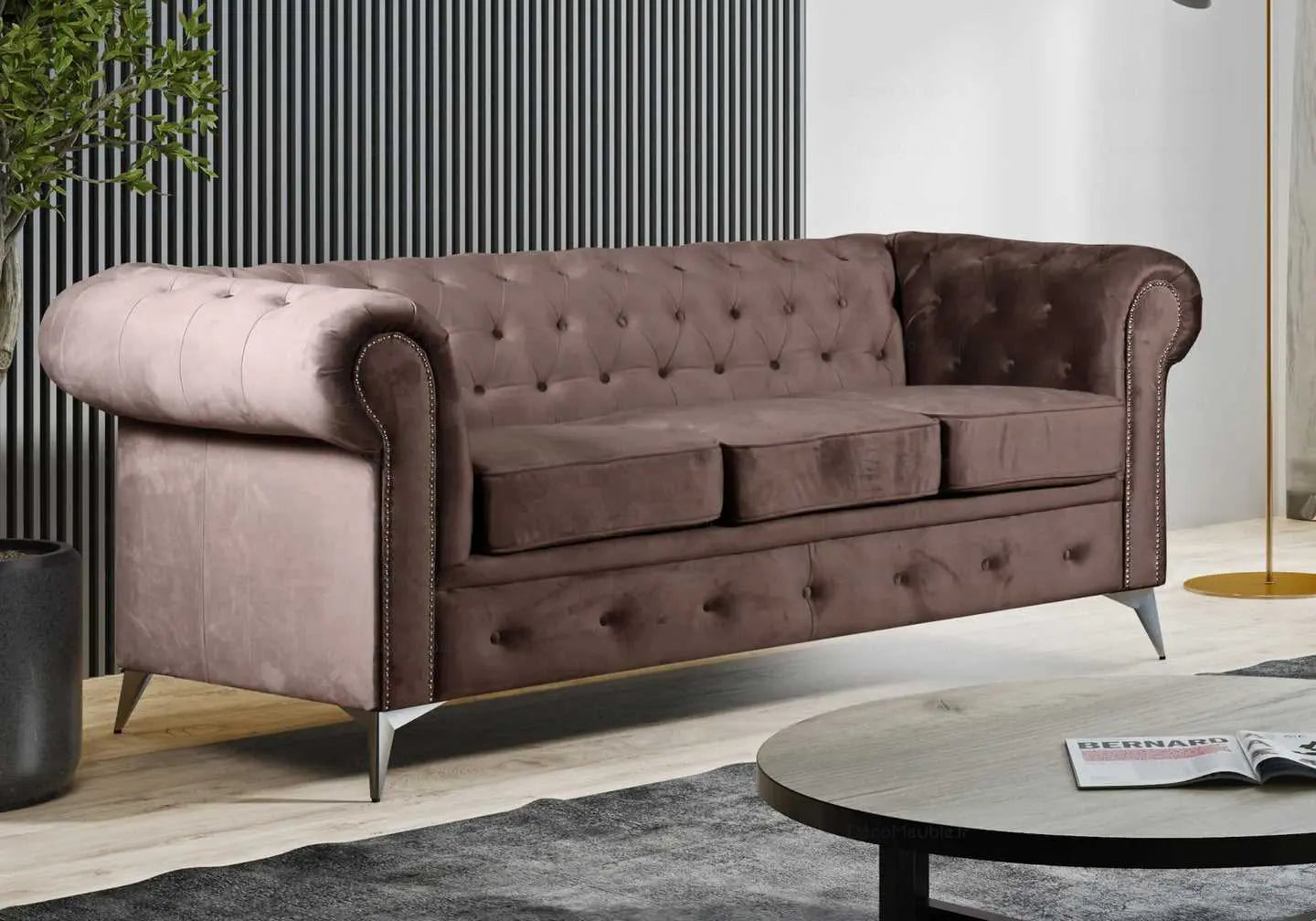 Canapé chesterfield velours moka HUGO - DEKOFLIX