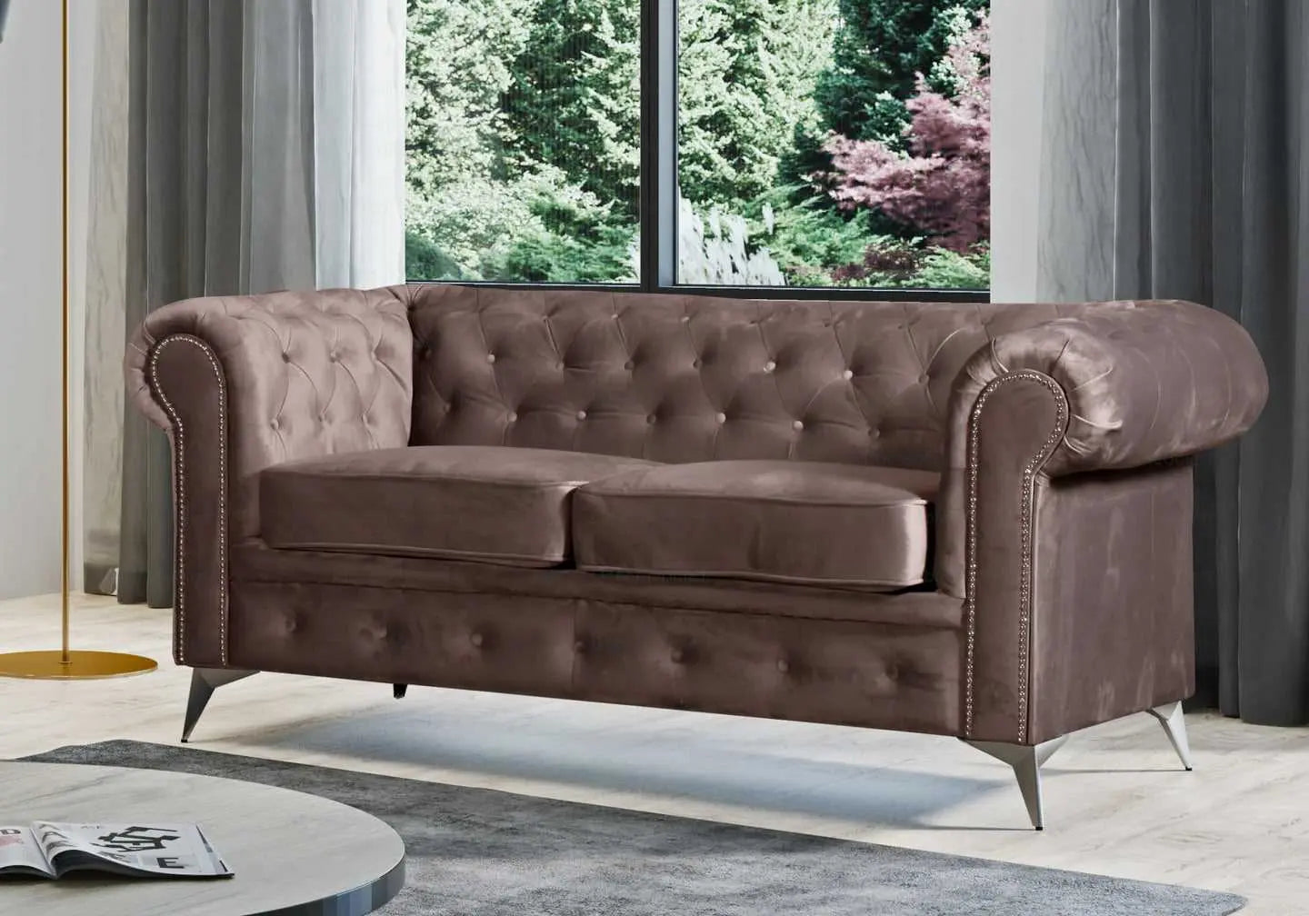 Canapé chesterfield velours moka HUGO - DEKOFLIX