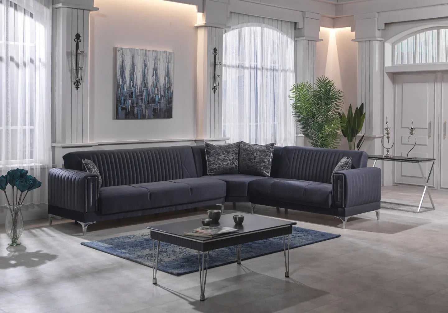 Canapé d'angle en velours gris ASYA Slims Mobilya