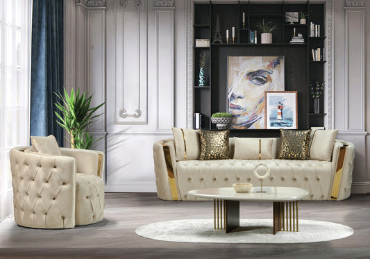 Canapé Turc Capitonné Chester Velours Beige Doré - NAPOLI - DEKOFLIX
