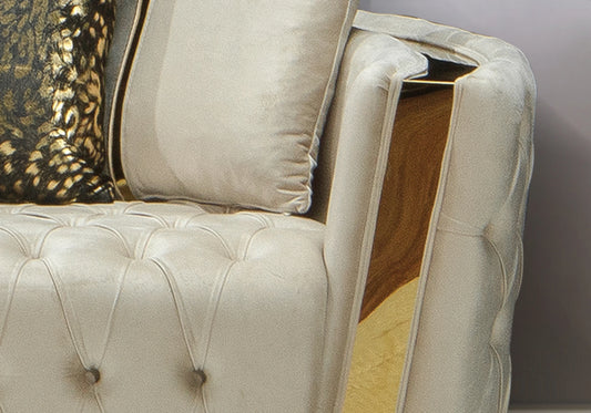 Canapé Turc Capitonné Chester Velours Beige Doré - NAPOLI - DEKOFLIX