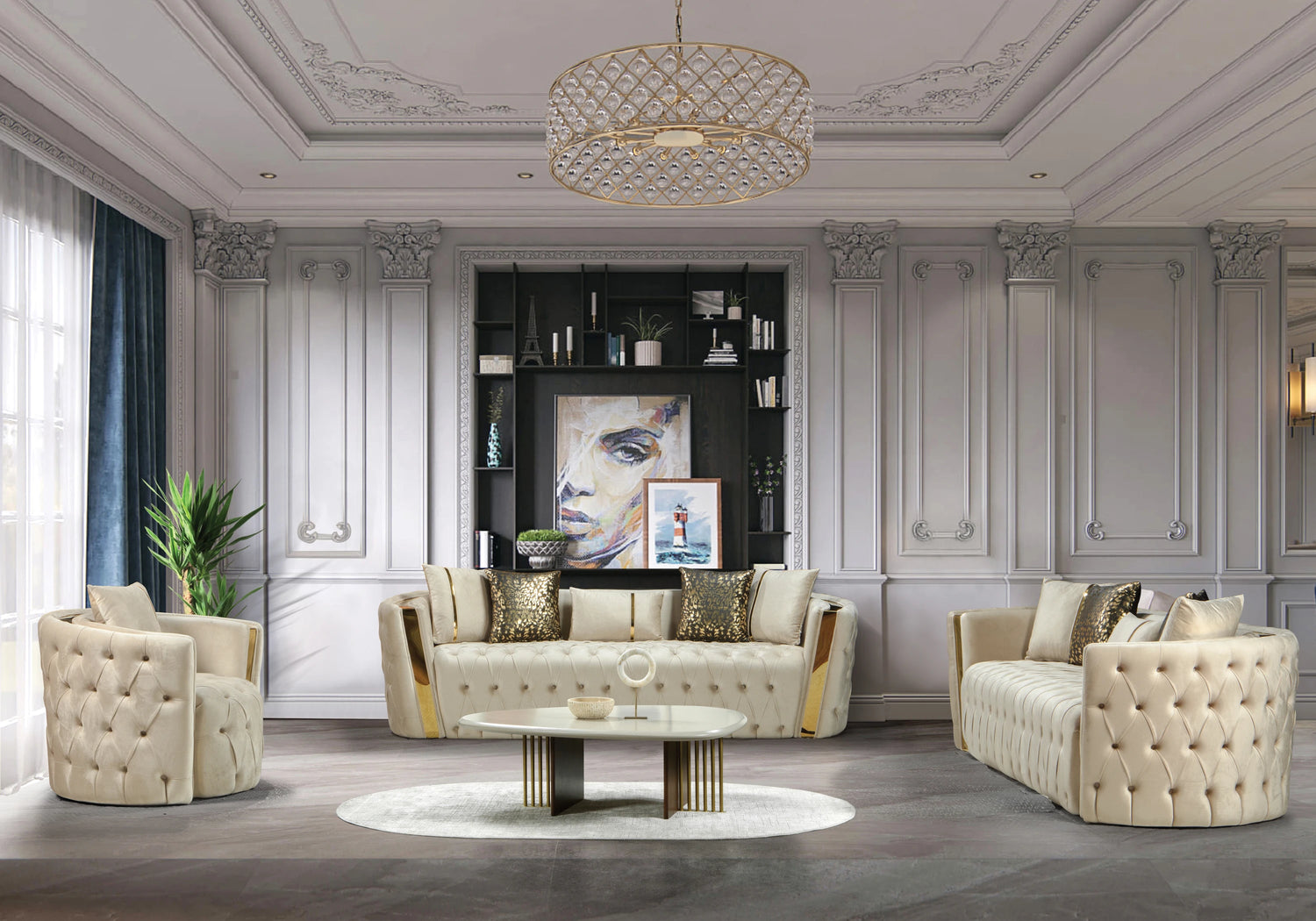 Canapé Turc Capitonné Chester Velours Beige Doré - NAPOLI - DEKOFLIX