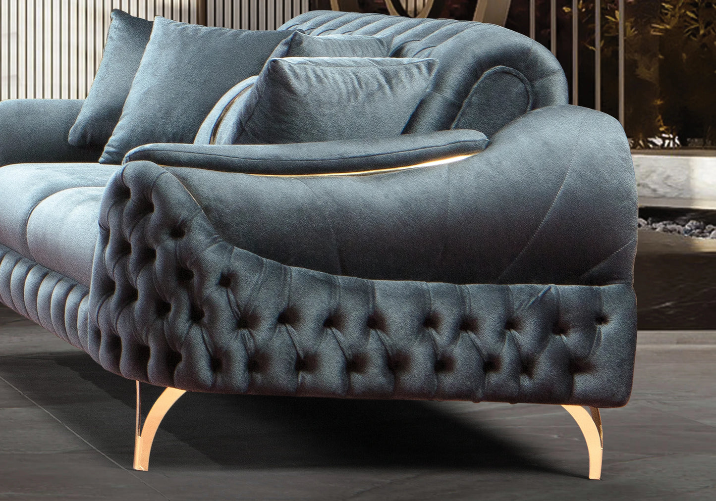 Canapé Turc Capitonné Velours Anthracite Doré - BELLA - DEKOFLIX