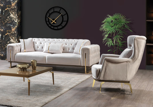 Canapé Turc Capitonné Velours Beige Doré Chesterfield - INCI - DEKOFLIX