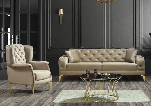 Canapé Turc Capitonné Velours Beige Doré Chesterfield – ELLA - DEKOFLIX