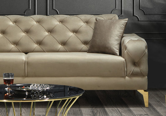 Canapé Turc Capitonné Velours Beige Doré Chesterfield – ELLA - DEKOFLIX
