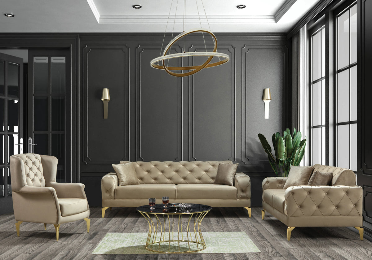 Canapé Turc Capitonné Velours Beige Doré Chesterfield – ELLA - DEKOFLIX