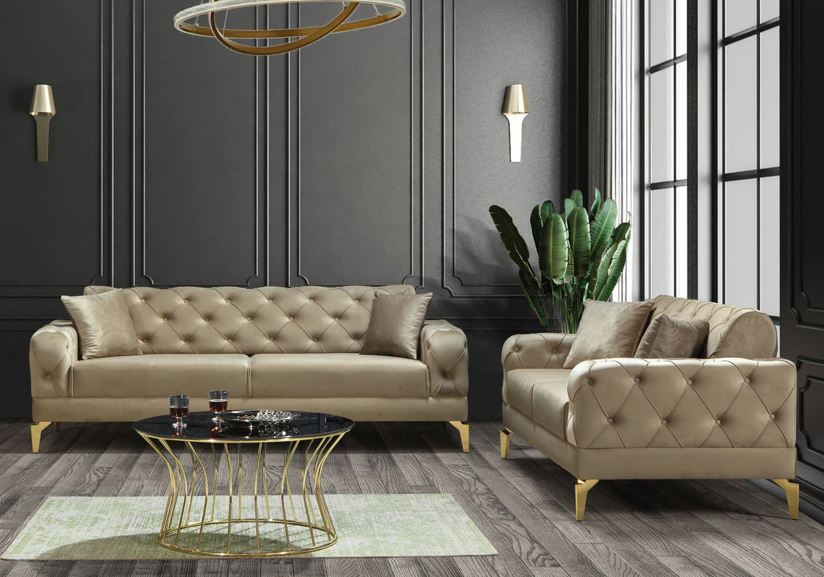 Canapé Turc Capitonné Velours Beige Doré Chesterfield – ELLA - DEKOFLIX