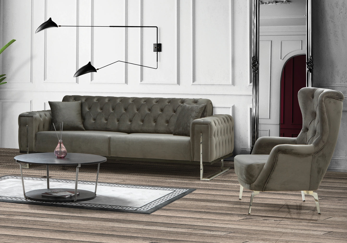 Canapé Turc Capitonné Velours Gris Argent Chesterfield – INCI - DEKOFLIX