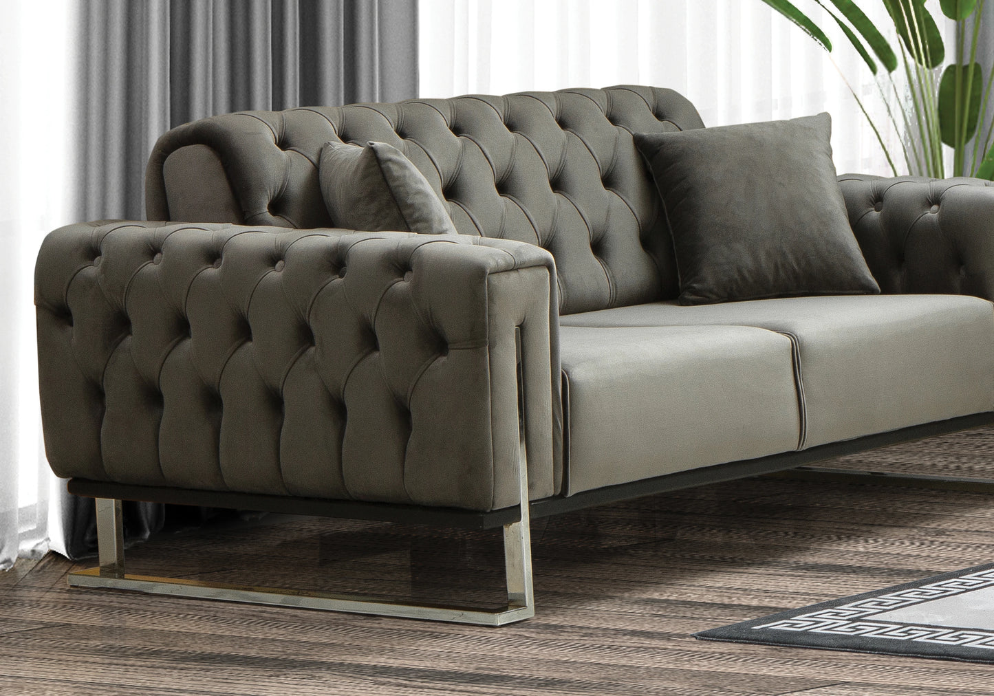 Canapé Turc Capitonné Velours Gris Argent Chesterfield – INCI - DEKOFLIX