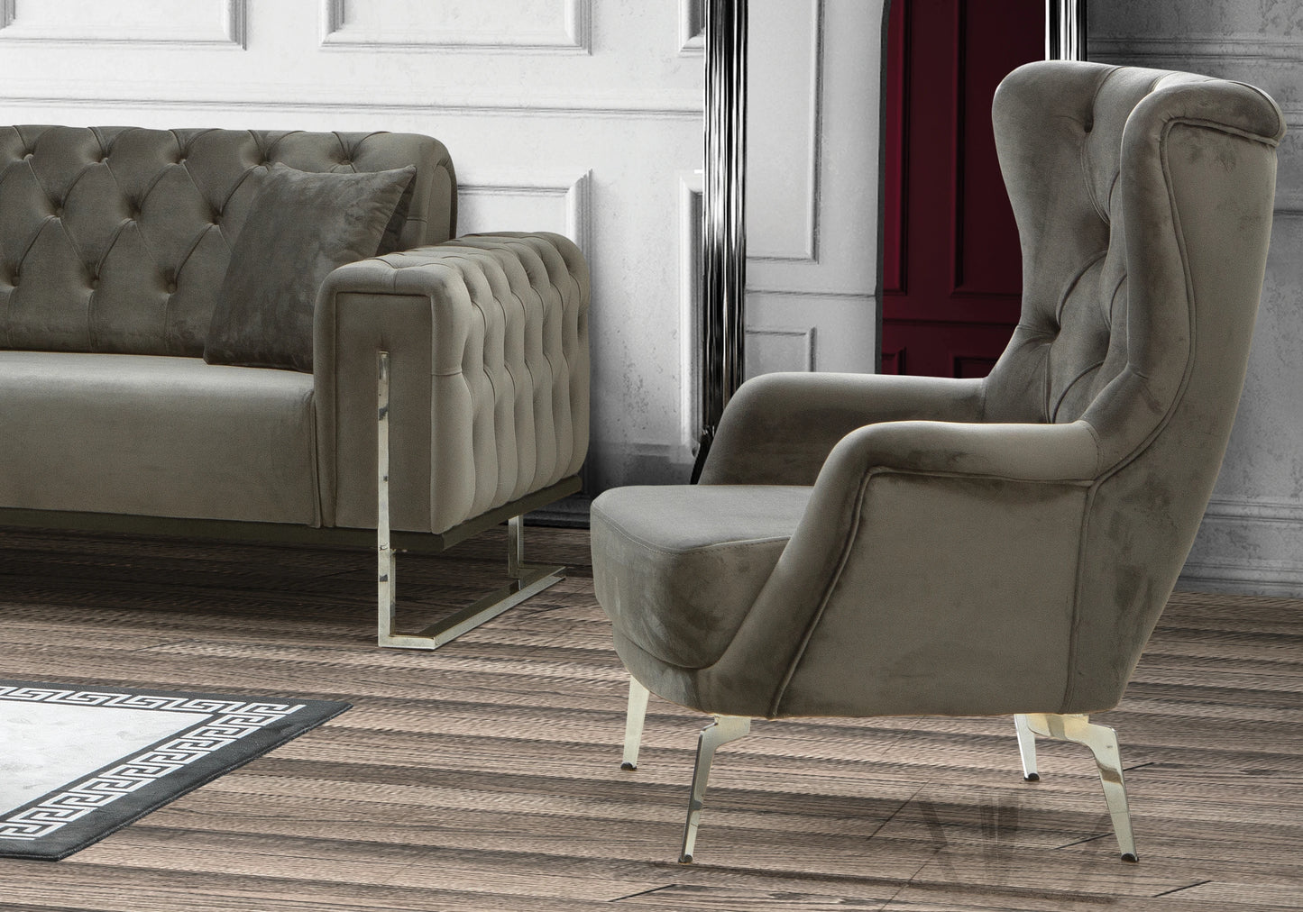 Canapé Turc Capitonné Velours Gris Argent Chesterfield – INCI - DEKOFLIX