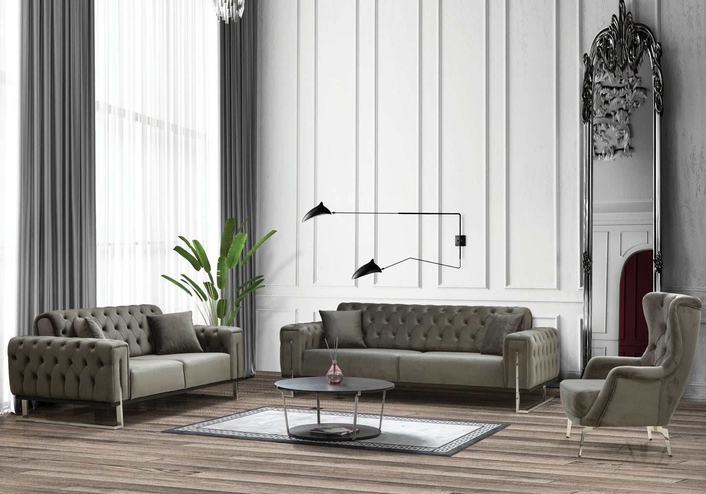 Canapé Turc Capitonné Velours Gris Argent Chesterfield – INCI - DEKOFLIX