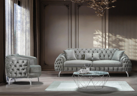 Canapé Turc Capitonné Velours Gris Argent – BELLA - DEKOFLIX