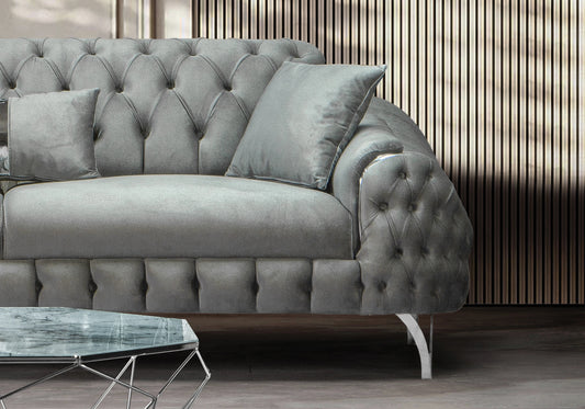 Canapé Turc Capitonné Velours Gris Argent – BELLA - DEKOFLIX