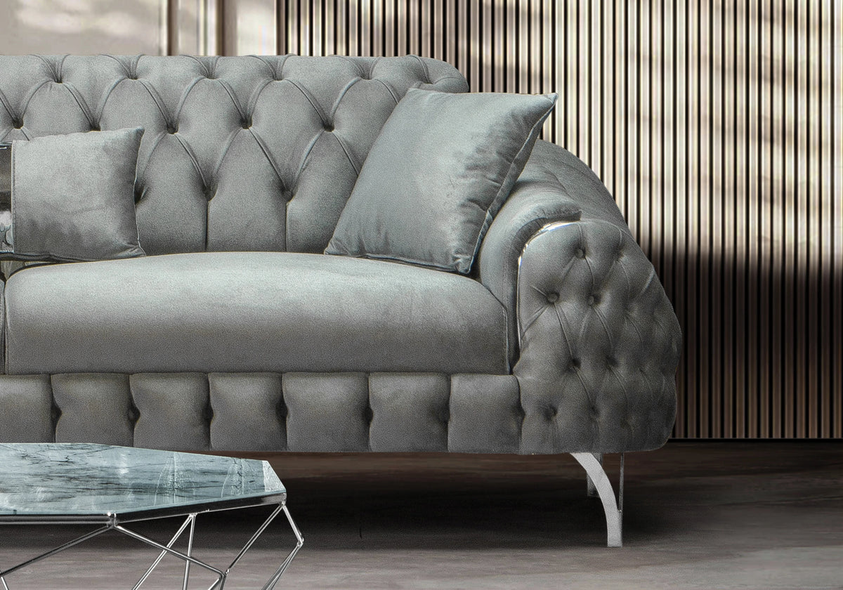 Canapé Turc Capitonné Velours Gris Argent – BELLA - DEKOFLIX