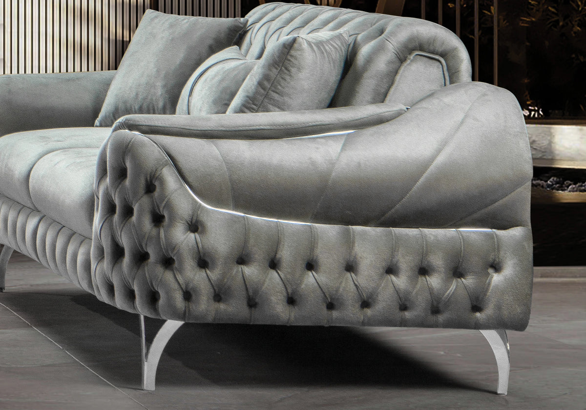 Canapé Turc Capitonné Velours Gris Argent – BELLA - DEKOFLIX
