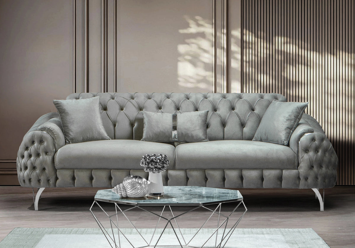 Canapé Turc Capitonné Velours Gris Argent – BELLA - DEKOFLIX